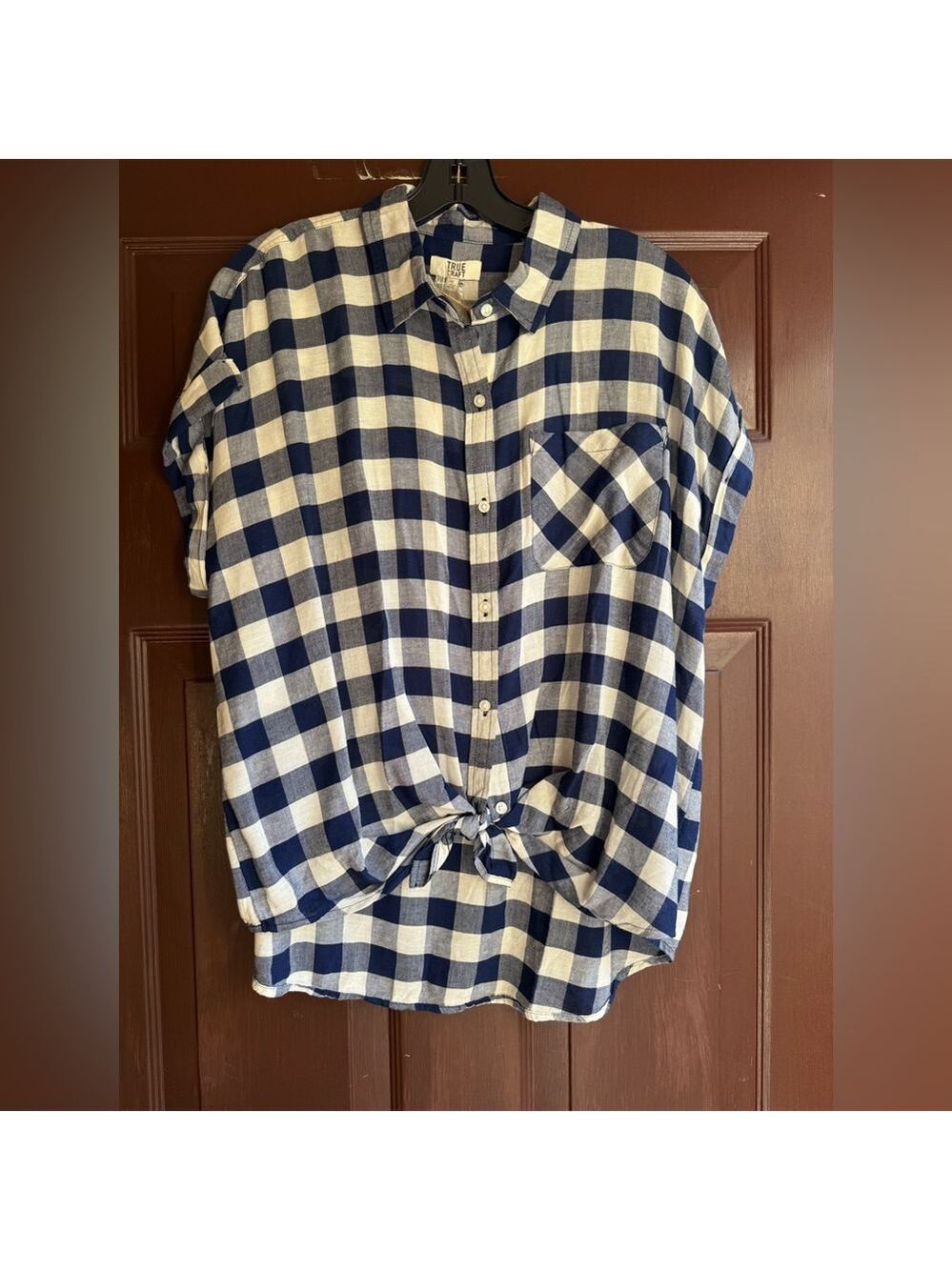 True Craft Blue and White Plaid Short Sleeve Blouse Size XL NWT